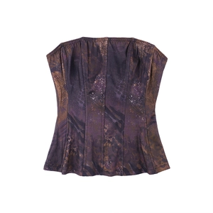 Detail of corset top showing purple marble print with supportive vertical boning lines