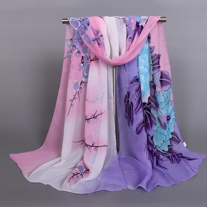 Floral chiffon summer scarf with pink and purple gradient peony patterns for women