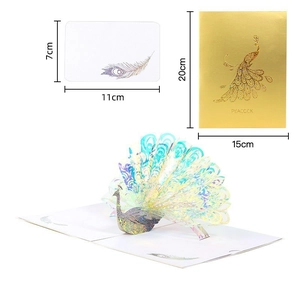 Elegant 3D pop-up peacock greeting card set with golden envelope and holographic detail