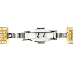 Close-up of gold and silver luxury watch band featuring premium diamond-set folding clasp