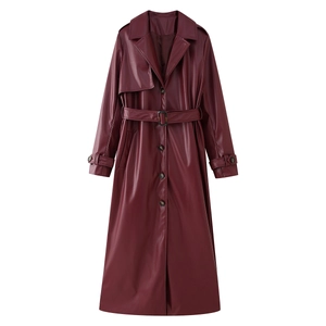 Trench-Coat Long En Cuir PU Pour Femme Avec Ceinture Revers Simple Boutonnage Bordeaux Veste De Moto Streetwear
