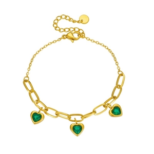 Gold plated titanium steel chain bracelet with three green heart gemstone pendants