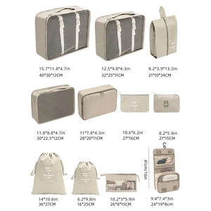 Detailed size guide for beige travel storage set with dimensions in cm and inches