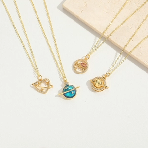 Gold plated MAMA necklace set with heart and planet pendants in minimalist style