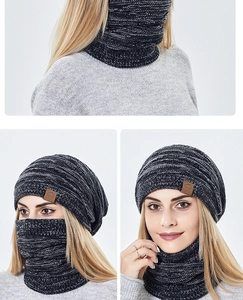 Winter-Strickmütze und Loopschal Set in Melange-Grau mit hochwertigem Leder-Logo-Patch