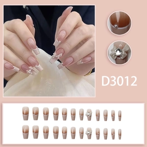 Baroque French long coffin press-on nails with white bows, pearls and sparkling rhinestones
