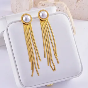 Long Tassel Earrings Stainless Steel Faux Artificial Pearl Turquoise Geometric Snake Chain Fringe Dangle Jewelry For Women Party