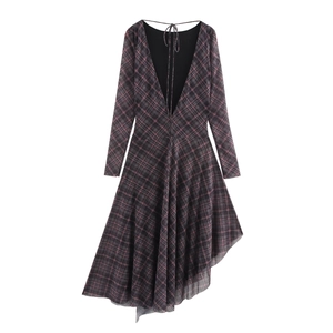 Pink and dark grey plaid maxi dress with back lace-up design and mesh layered hem