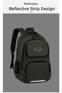 Detail view of large green business backpack featuring a safety reflective strip design