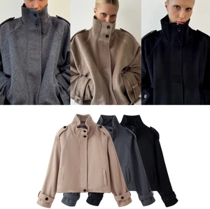 Women Short Woolen Jacket Stand Collar Loose Fit Epaulettes Solid Color Casual Cropped Coat