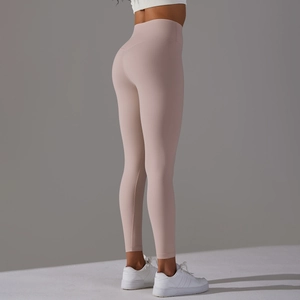 Detailed back view of high-waisted yoga leggings showing peach skin matte texture