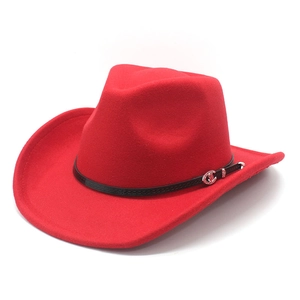 Classic red western cowboy hat with curved brim and black leather belt buckle detail