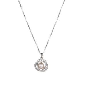 Elegant silver-tone camellia pearl necklace with pavé zircon double interlocking rings