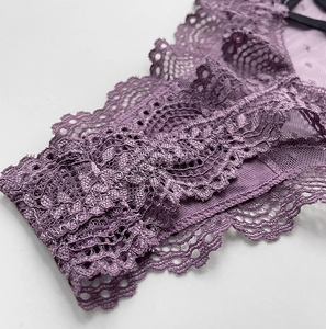 Macro shot of purple lace details and sheer mesh on sexy low-waisted thong underwear