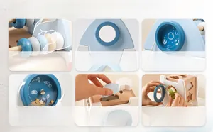 Detail shots of space-themed wooden busy cube with bead counting and shape matching