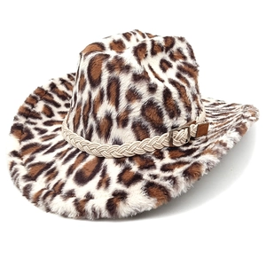 Detail of faux fur leopard print cowboy hat featuring woven band and metal buckle adjustment