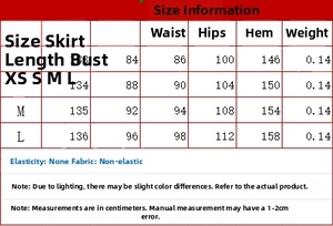 Tableau des tailles pour robe longue en satin imprimé avec mesures en cm de XS à L