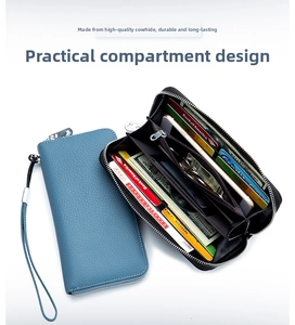 Detail view of the multi-functional blue leather wallet interior with many card slots