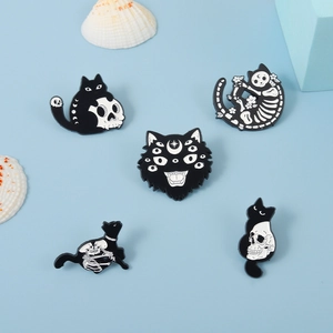 Set of five Gothic black cat enamel pins featuring skeletons and mystical moon symbols
