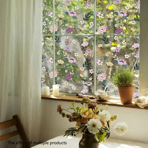 Floral static window film with purple and pink flower patterns for home privacy