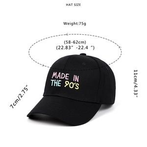 Black 90's embroidered baseball cap with detailed size and weight specifications