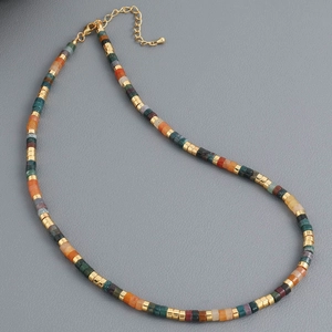 Bohemian colorful natural stone beaded necklace with gold metal spacers and lobster clasp
