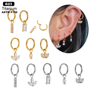 G23 titanium hoop earrings with zircon pendants shown on white background and model