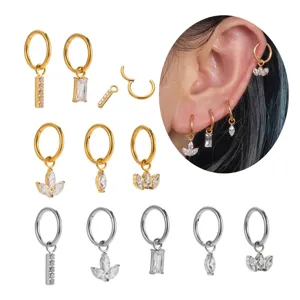 G23 titanium hoop earrings with zircon pendants shown on white background and model