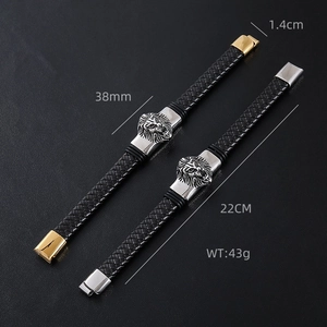 Men's hip hop braided leather bracelet set with gold and silver lion head charms