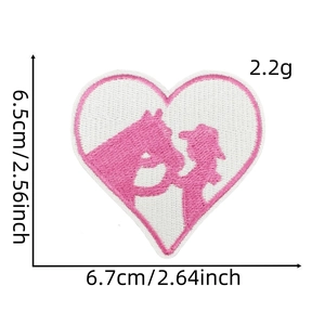 Detail showing the 6.5x6.7cm dimensions of the pink heart horse embroidery patch