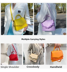 Detail view of colorful flap shoulder bags showing single shoulder, crossbody and tote styles