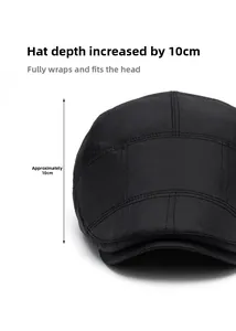 Detail view of black newsboy hat showing the 10cm depth and thick textured fabric