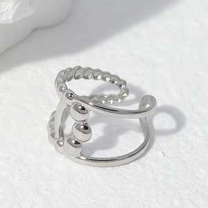 Anello aperto a doppio strato in acciaio inossidabile argento con perline e finitura lucida