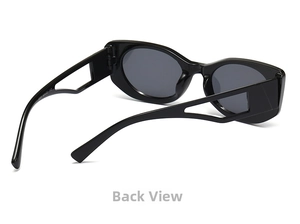 Detail view of oval sunglasses with wide hollow-out temples and gray lenses