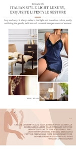 Detail of dark blue satin nightgown with intricate black lace trim and silk texture