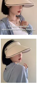Detail of cream sun hat featuring a 12cm extended wide brim for complete face protection