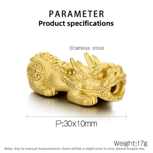 Macro detail of 18K gold plated Pi Xiu bead showing size 30x10mm and 17g weight specs