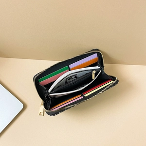 Black long PU leather wallet with colorful interior card slots and gold zipper closure