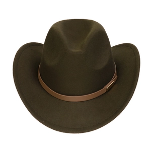 Close-up of brown leather band with metal buckle on a dark olive wool fedora hat