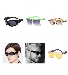 Collage of diverse punk and futuristic sunglasses in multiple frames and colors