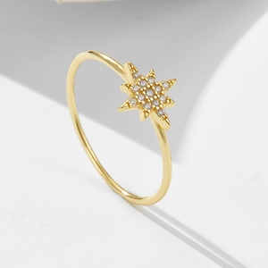 Minimalist S925 sterling silver gold ring with sparkling starburst zircon pattern