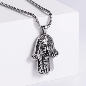 Pendentif Hamsa tigre hip hop en acier inoxydable 304 poli avec chaîne box pour hommes