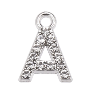 Silver-colored alphabet A pendant with sparkling rhinestones and round hanging ring