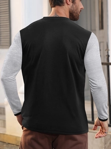 Back view of a casual long-sleeved Henley shirt with black and grey raglan sleeves