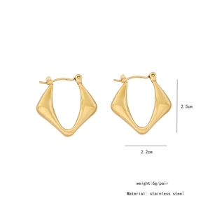 Detail view of gold geometric stainless steel earrings with size 2.5cm by 2.2cm