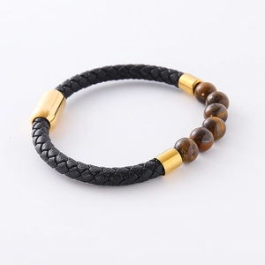 Pulsera para hombre de cuero trenzado con piedras ojo de tigre y cierre magnético dorado