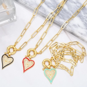 Collier Pendentif Coeur Cuivre Plaqué Or Zircon Pavé Émail Chaîne Trombone Chunky Bijoux Hip Hop Femmes
