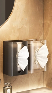 Wall-mounted tissue box in gray and clear acrylic with vertical striped texture detail