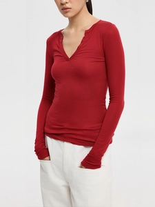 Slim fit red V-neck long sleeve knit top for women made of soft ribbed fabric