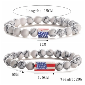 Detail showing marble bead bracelets with American flag charm and dimensions for unisex wear